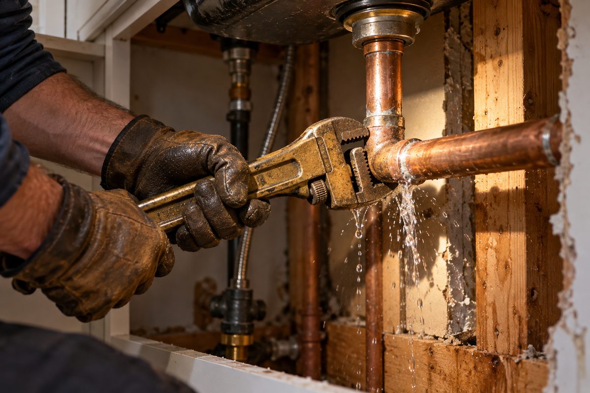 Plumber repairing leaking copper water line joint with pipe wrench under residential sink.