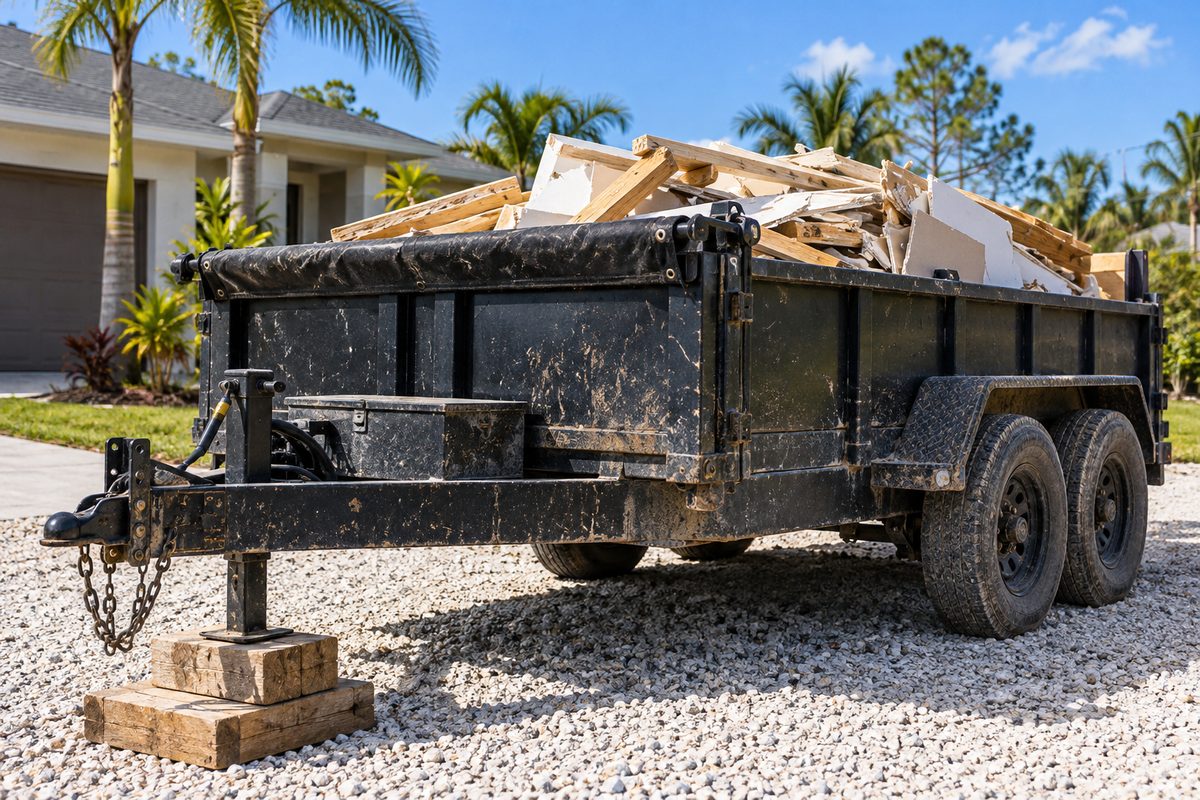Heavy tandem axle hydraulic dump trailer stationed on crushed gravel driveway during home renovation.