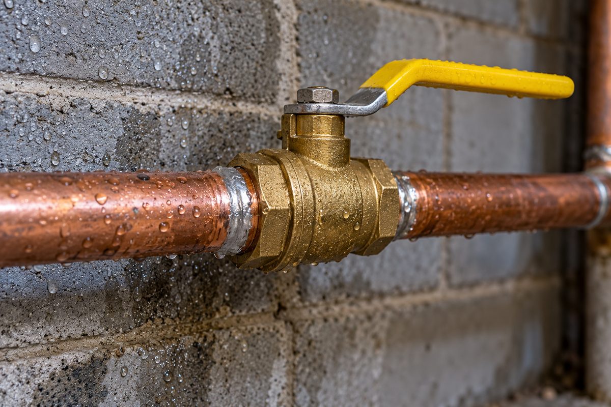 New lead-free brass ball valve shut-off installed on residential main copper water line.