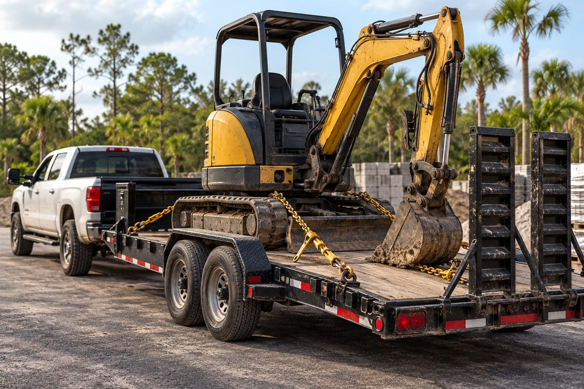 Commercial utility trailer loaded with mini excavator secured with heavy binder chains.
