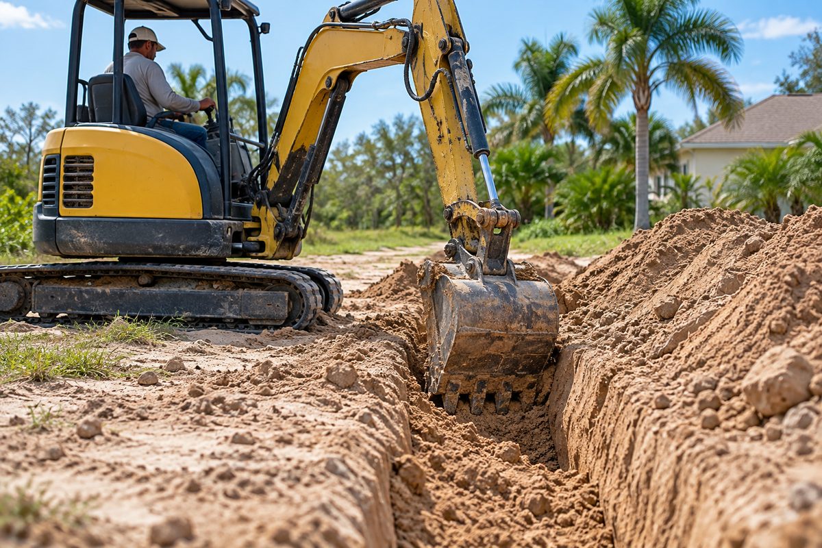 Compact mini excavator trenching ground for exterior residential water service line.