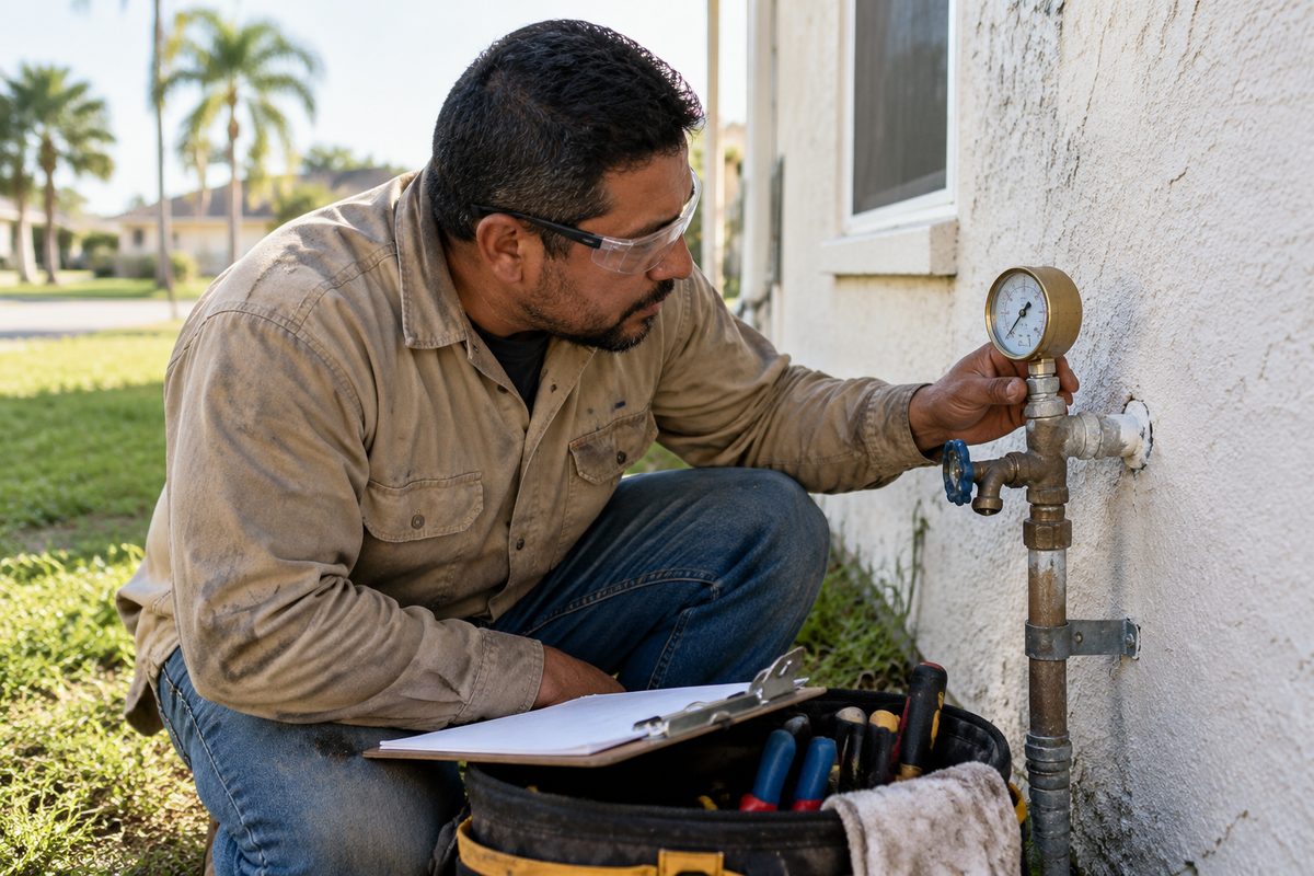 Oscar Montes checking water pressure gauge reading on residential exterior supply line.