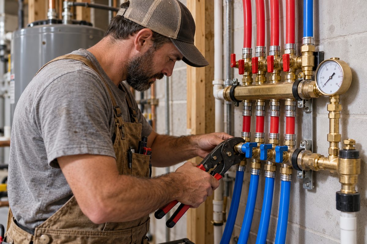 Residential PEX water line manifold assembly with pressure testing gauge and brass valves.