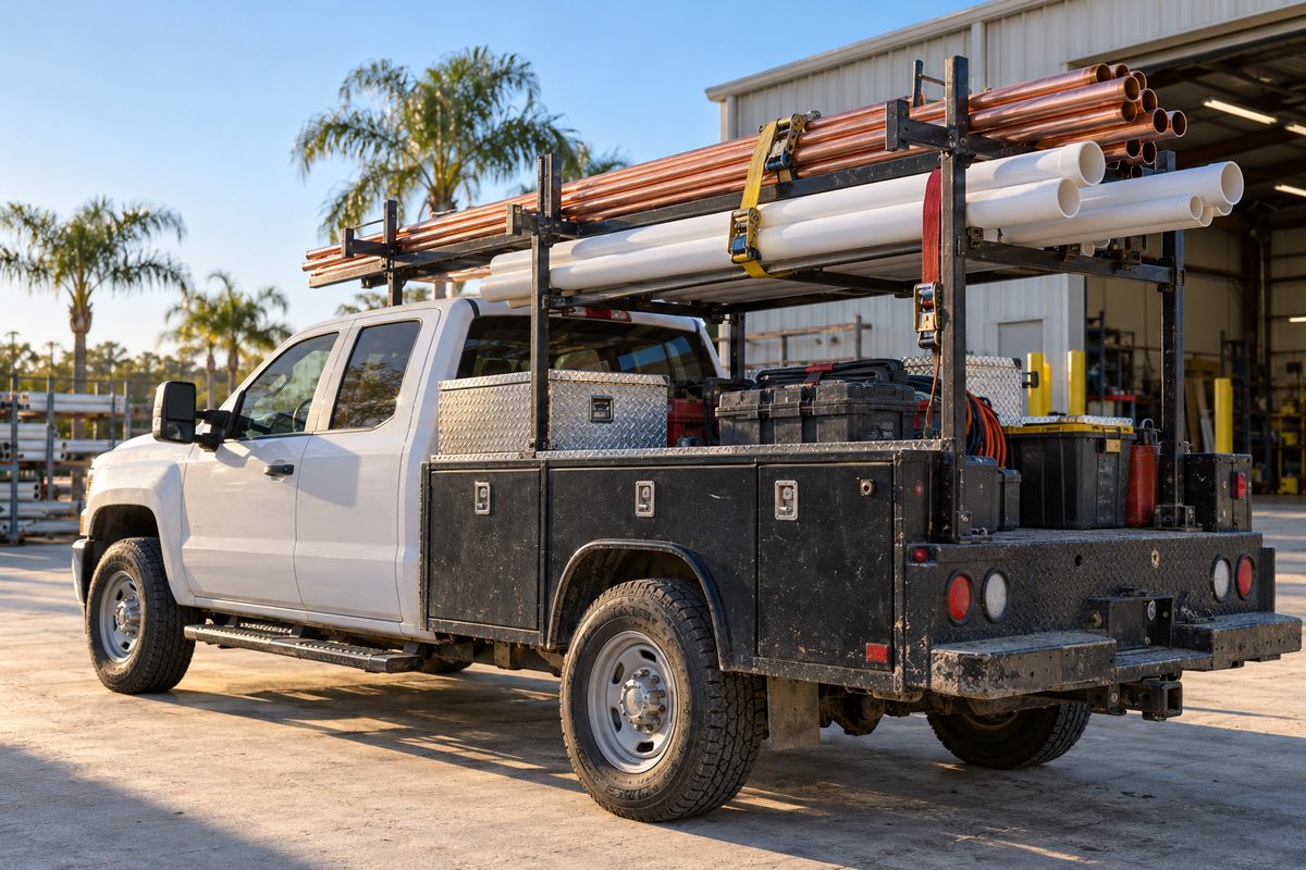 M&J Handyman trade service truck staged with pipe racks and equipment for Lehigh Acres dispatch.